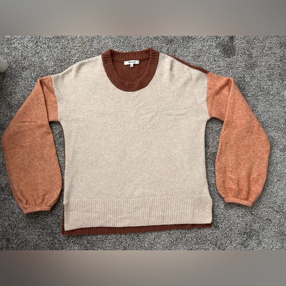 Madewell Cream and Tan Crew Neck Sweater Colorblock Knit merino wool medium - Picture 5 of 14